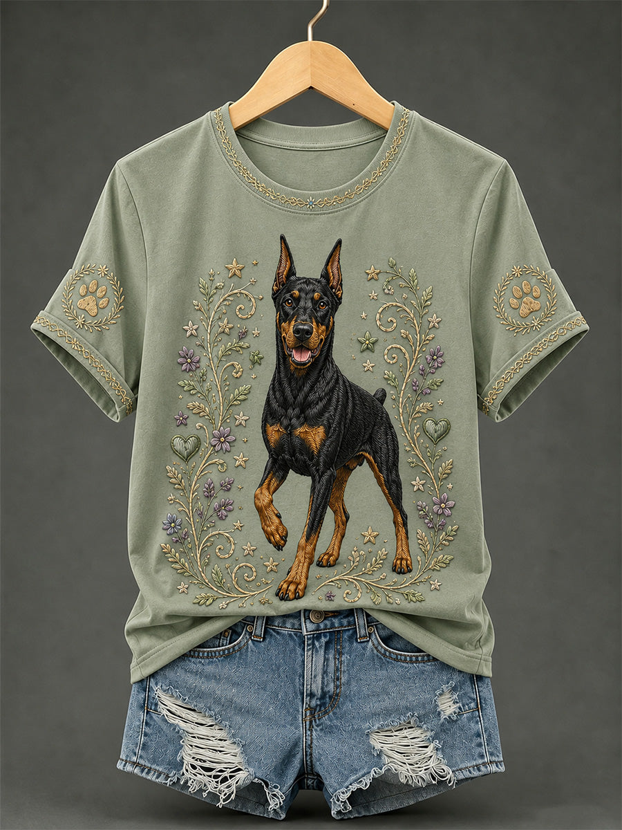Women's Retro Floral Dog Print Casual Tee