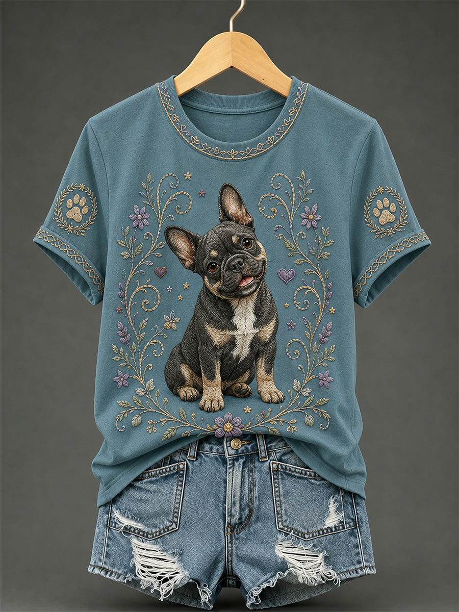 Women's Retro Floral Dog Print Casual Tee