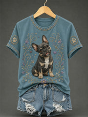 Women's Retro Floral Dog Print Casual Tee