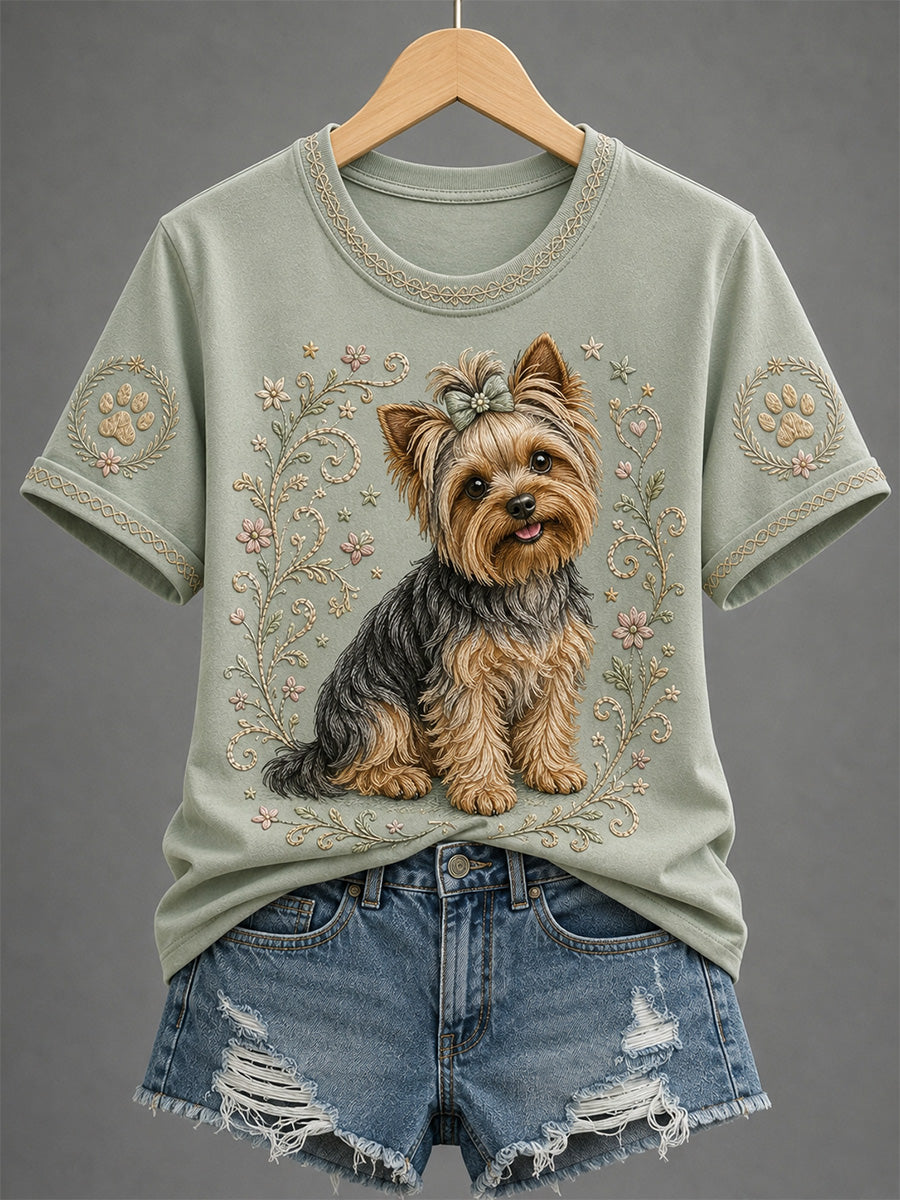 Women's Retro Floral Dog Print Casual Tee