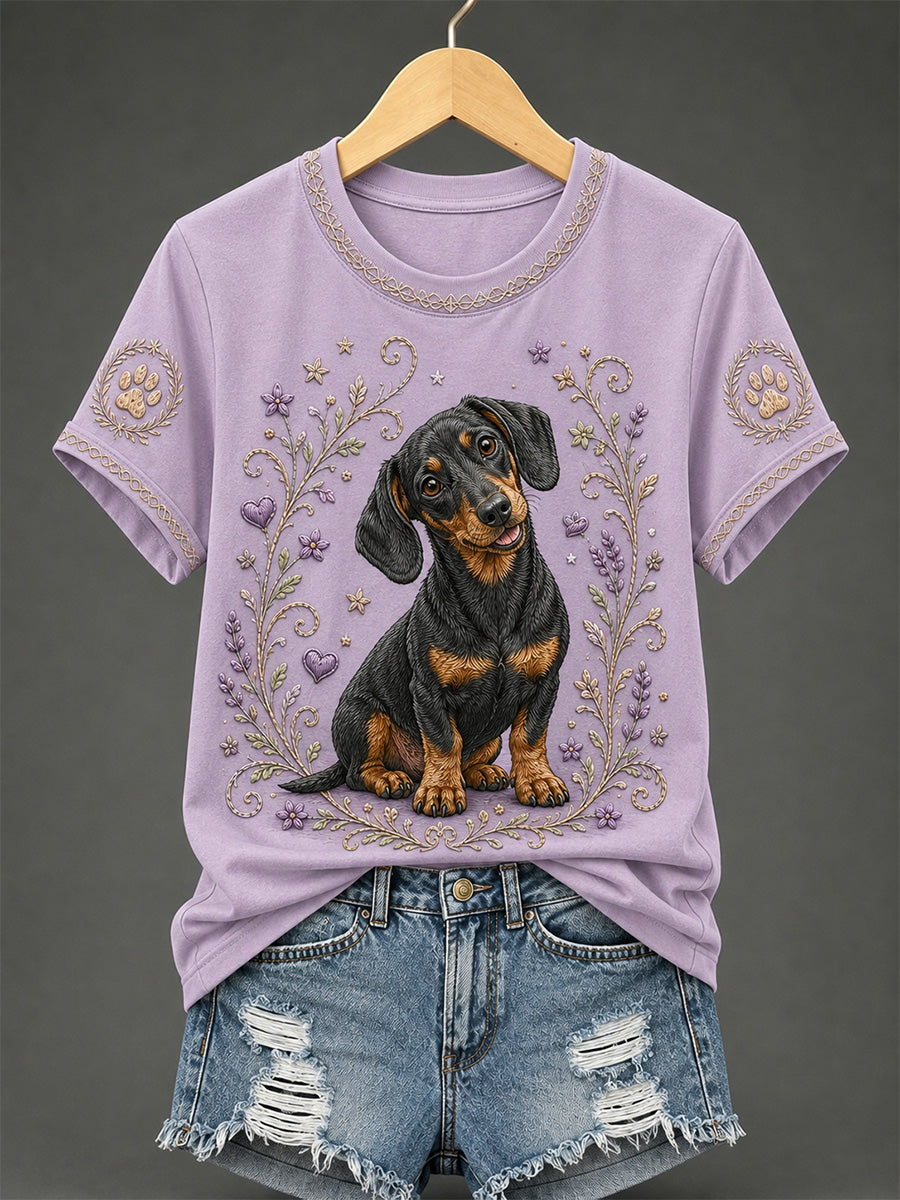 Women's Retro Floral Dog Print Casual Tee