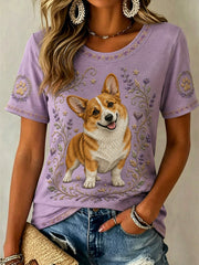 Women's Retro Floral Dog Print Casual Tee