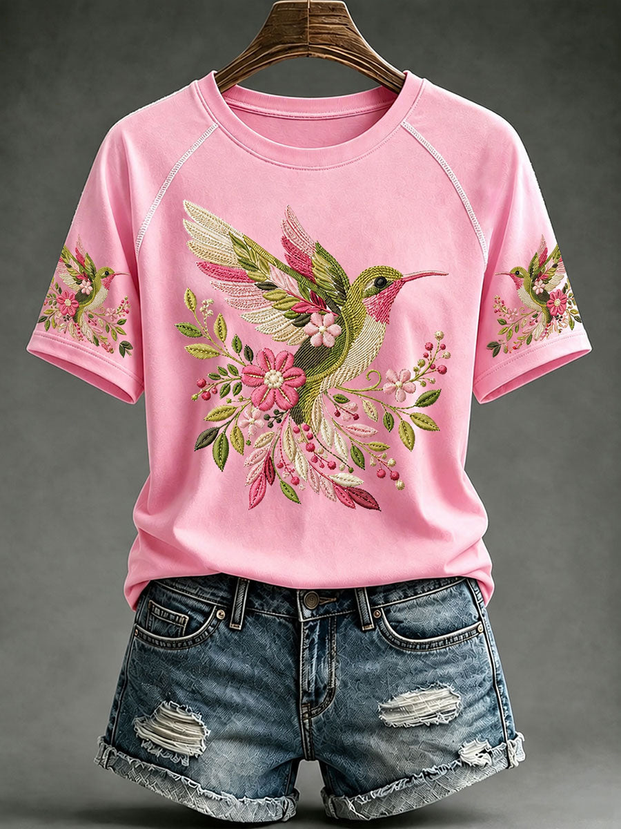 Women’s Pink Hummingbird Print Casual T-Shirt