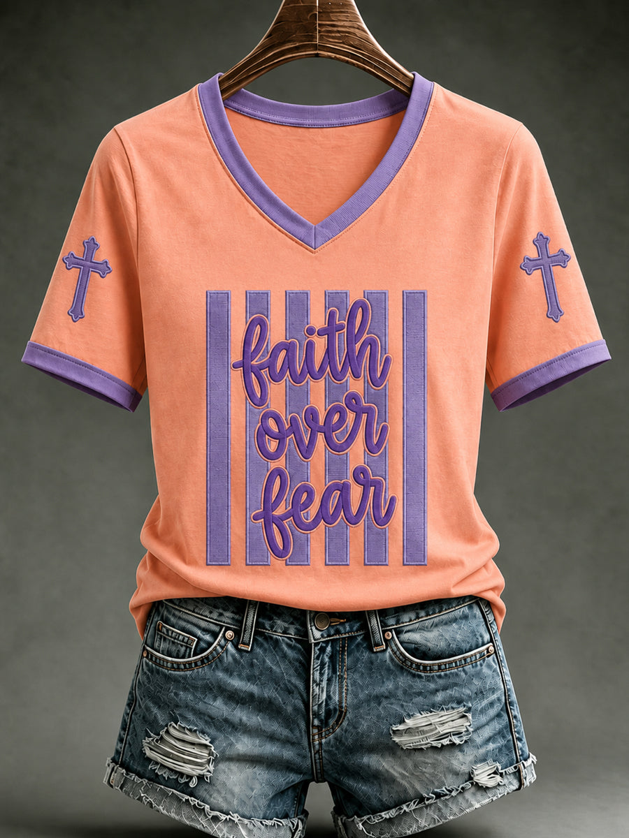 Women's Christian FAITH OVER FEAR Cross Printed Short Sleeve T-shirt