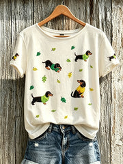 Women's cute dog pattern printed short-sleeved T-shirt