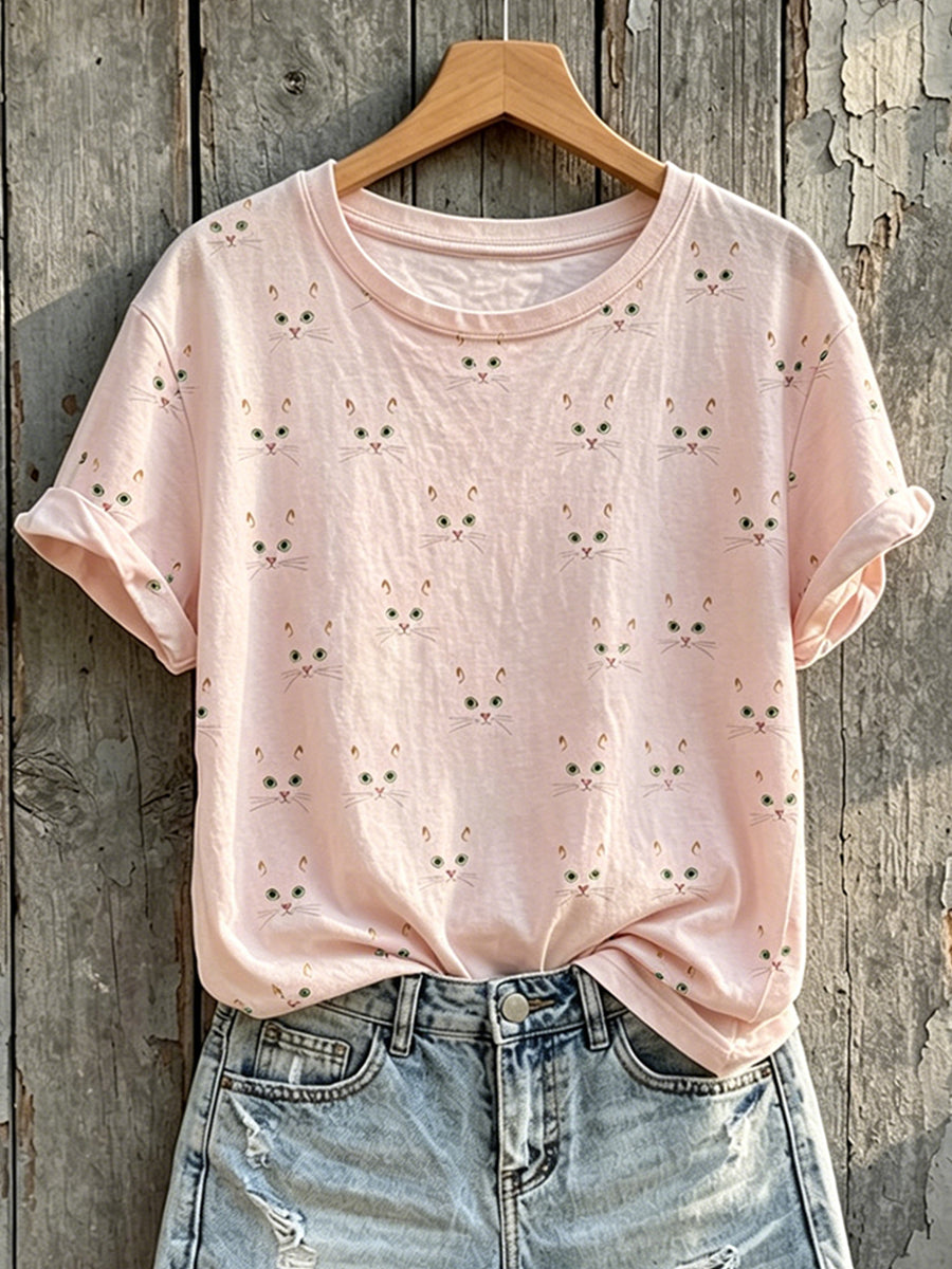 Women's Lovely Cat Face Pattern Print Short-sleeved T-shirt