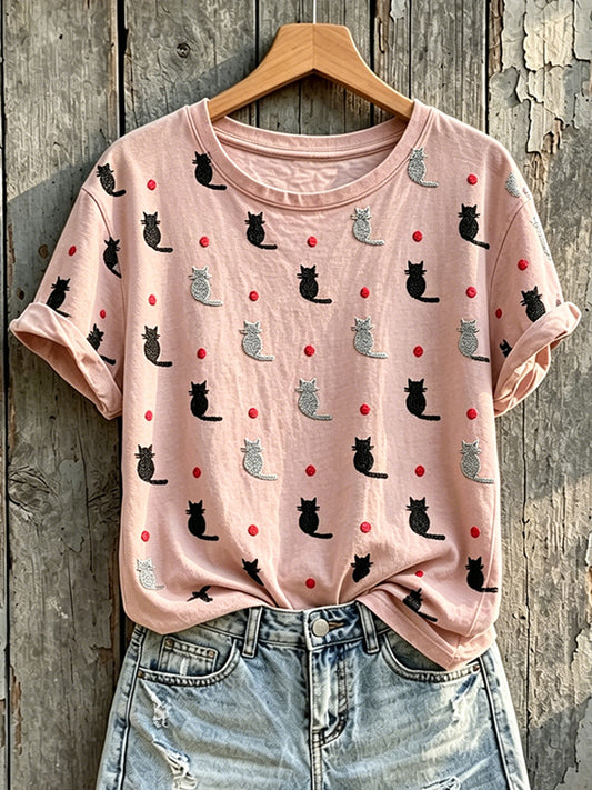 Women's Lovely Cats Print Round Neck Short-sleeved T-shirt