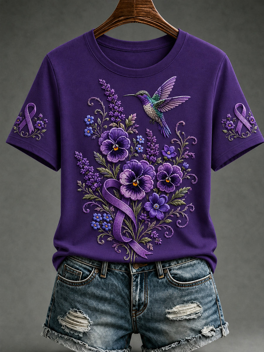 Women's Purple Floral & Hummingbird Print Alzheimer's Awareness Support Short Sleeve T-shirt
