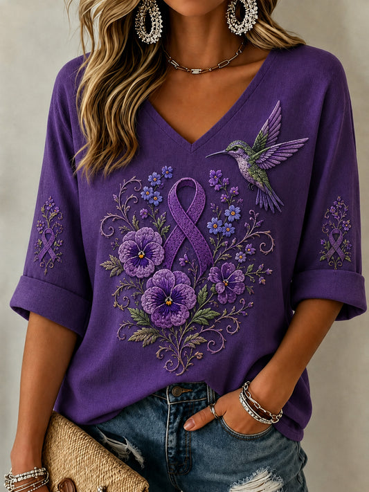Women's Purple Floral & Hummingbird Print Alzheimer's Awareness Support Mid-length Sleeves V-Neck Top
