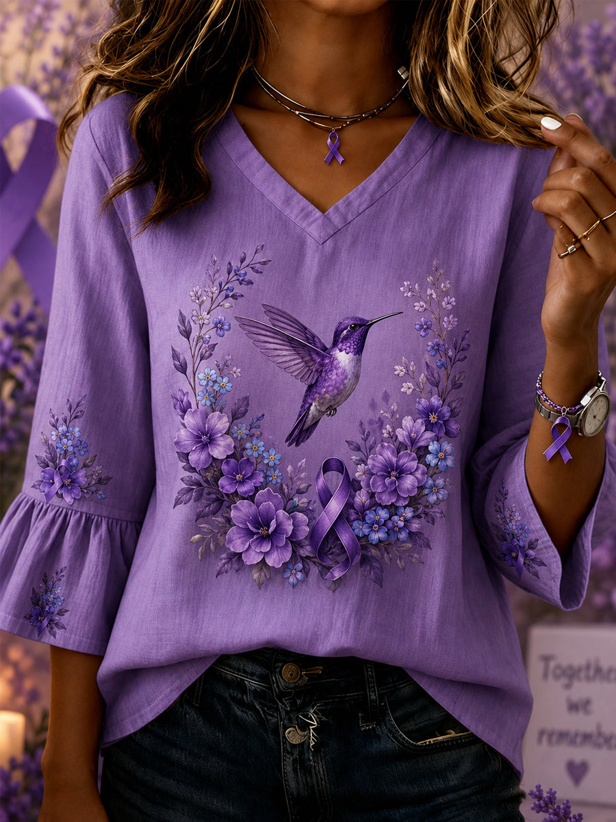 Women's Purple Floral & Hummingbird Print Alzheimer's Awareness Support Half-Sleeves V-Neck Shirt