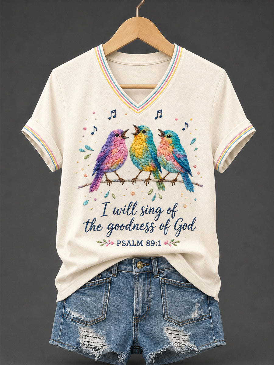 Women's Christian I Will Sing of the Goodness of God Print Casual V-Neck Tee