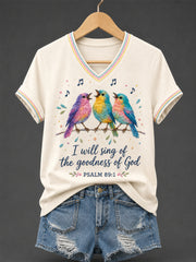 Women's Christian I Will Sing of the Goodness of God Print Casual V-Neck Tee