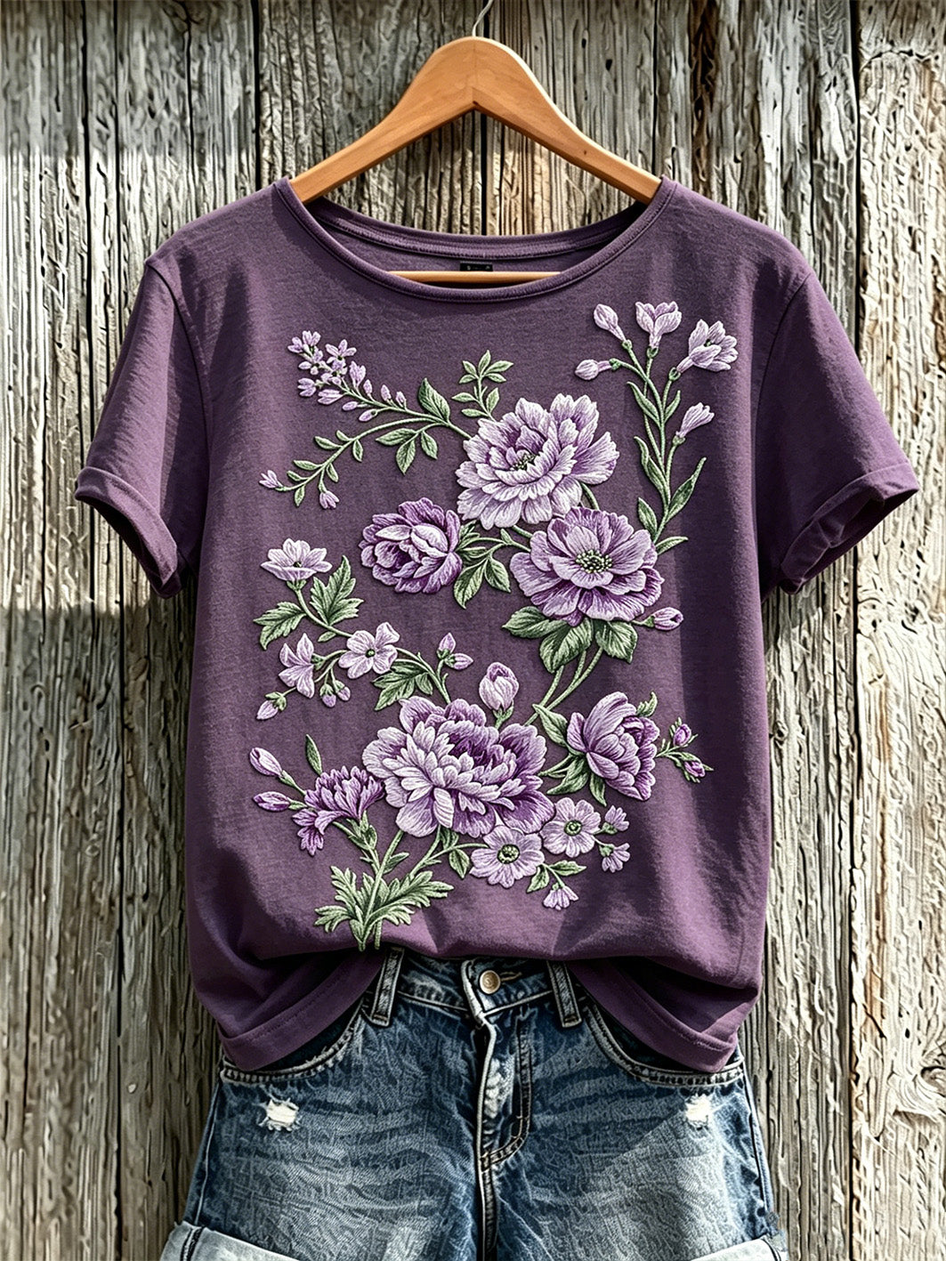 Women's purple plant flower pattern printed casual short-sleeved T-shirt