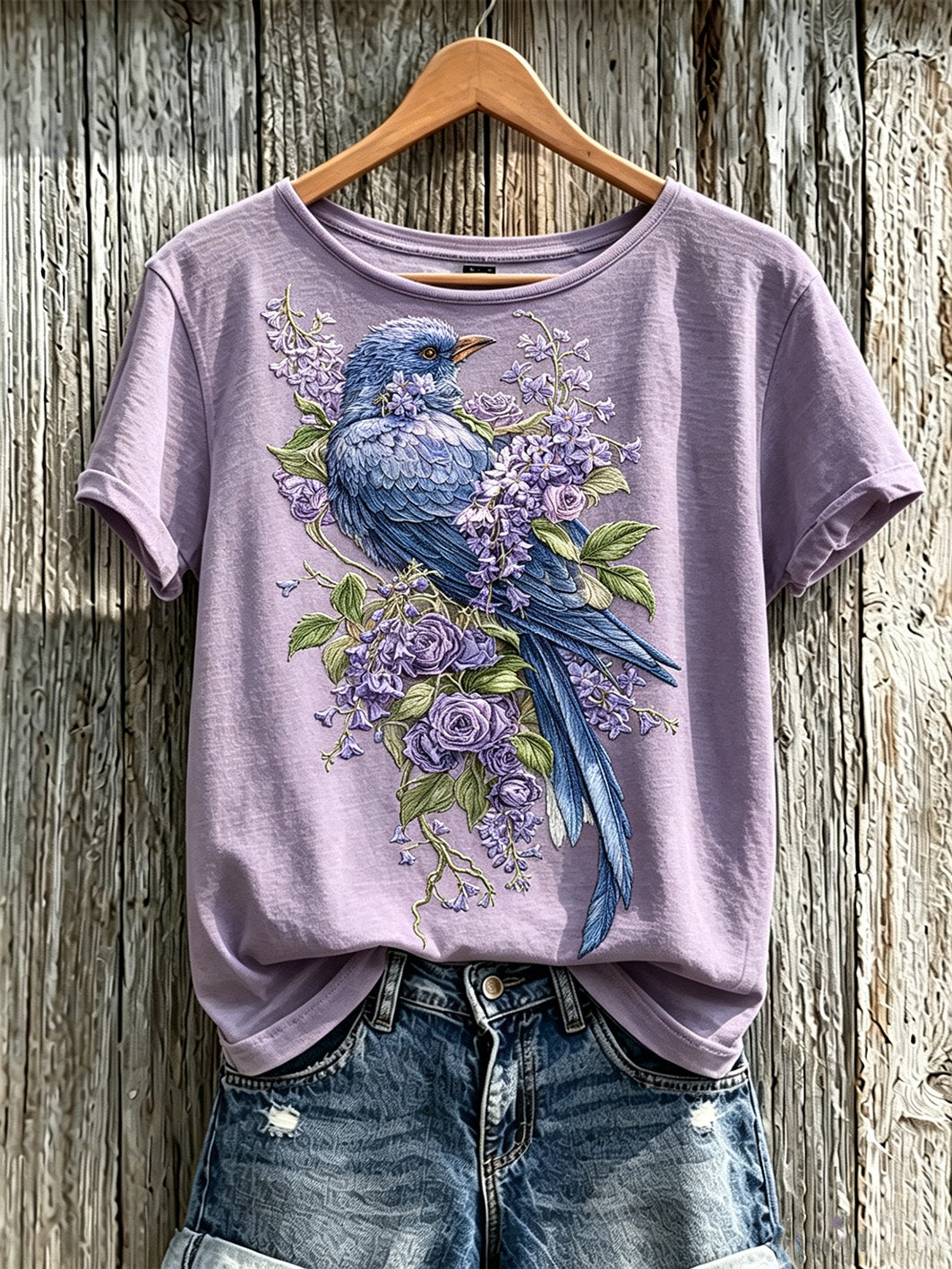 Women's purple plant flower pattern printed casual short-sleeved T-shirt
