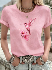 Women's Breast Cancer Pink Flowers Printed T-shirt