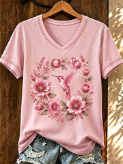 Women's Breast Cancer Pink Flowers Printed V-neck T-shirt