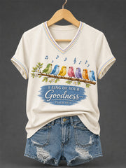 Women's I Will Sing Of The Goodness Of God Psalm 89:1 Christian Bird Print Casual V-Neck Tee