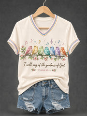 Women's I Will Sing Of The Goodness Of God Psalm 89:1 Christian Bird Print Casual V-Neck Tee
