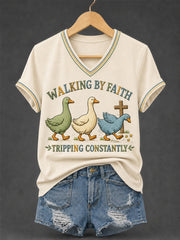 Women's Walking by Faith Tripping Constantly Goose Print Christian Inspirational V-Neck Tee