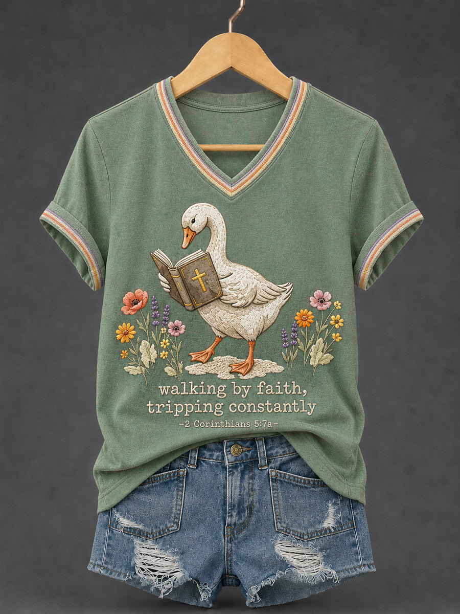 Women's Walking By Faith Tripping Constantly Goose Print Christian Inspirational V-Neck Tee