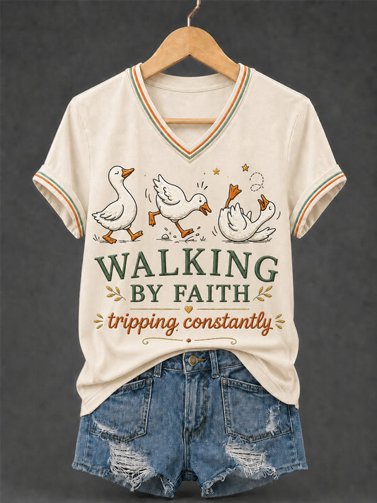Women's Walking by Faith Tripping Constantly Goose Print Christian Inspirational V-Neck Tee
