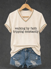 Women's Walking By Faith Tripping Constantly Print Christian Inspirational V-Neck Tee