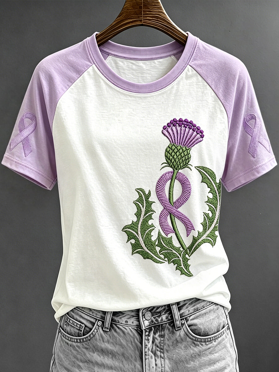 Women's Purple Ribbon Scottish Thistle Print Contrast Sleeve Round Neck T-shirt