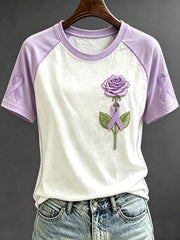 Women's Purple Ribbon Rose Print Contrast Sleeve Round Neck T-shirt