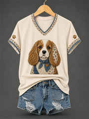 Women's Retro Patchwork Dog Print V-Neck Tee