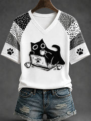 Women's Fun Black Cat Casual Print T-shirt