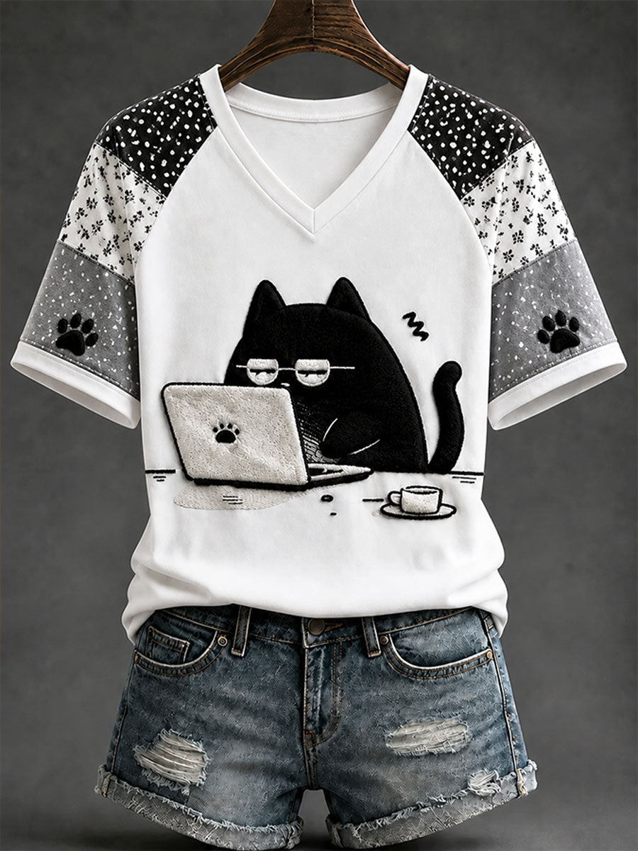 Women's Fun Black Cat Casual Print T-shirt
