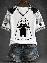 Women's Fun Black Cat Casual Print T-shirt