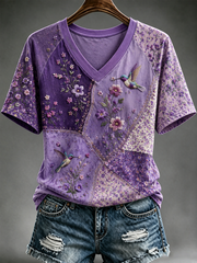 Women's Hummingbird and floral print short-sleeved T-shirt