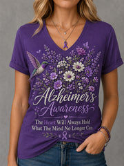 Women's The Heart Will Always Hold What The Mind No Longer Can Floral Print Alzheimer's Awareness Support V-Neck Tee