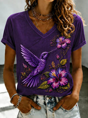 Women's Purple Flora Art Printed V-neck T-shirt