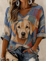 Women's Art Dog Printed Mid-length Sleeves V-neck T-shirt