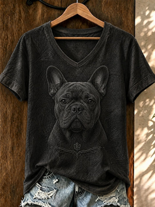 Women's Art Dog Printed V-neck T-shirt