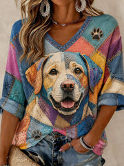 Women's Art Dog Printed Mid-length Sleeves V-neck T-shirt