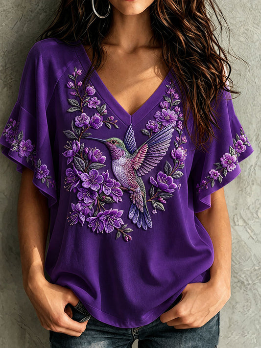 Women's Alzheimer's Awareness Hummingbird Flowers Hang Shot Short Sleeve T-Shirt