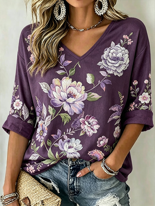 Women's Purple Plant Flower Pattern Printed Casual Mid-length Sleeves V-Neck T-Shirt