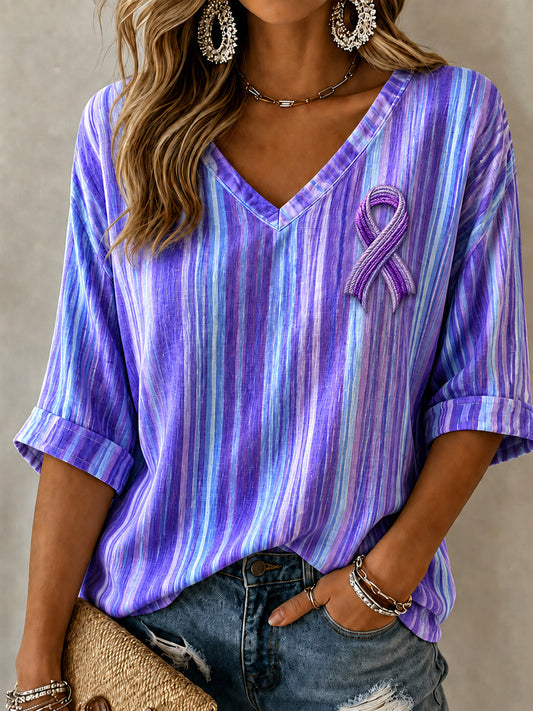 Women's Alzheimer's Awareness Support Purple Floral Art  Linen V-Neck  Shirt