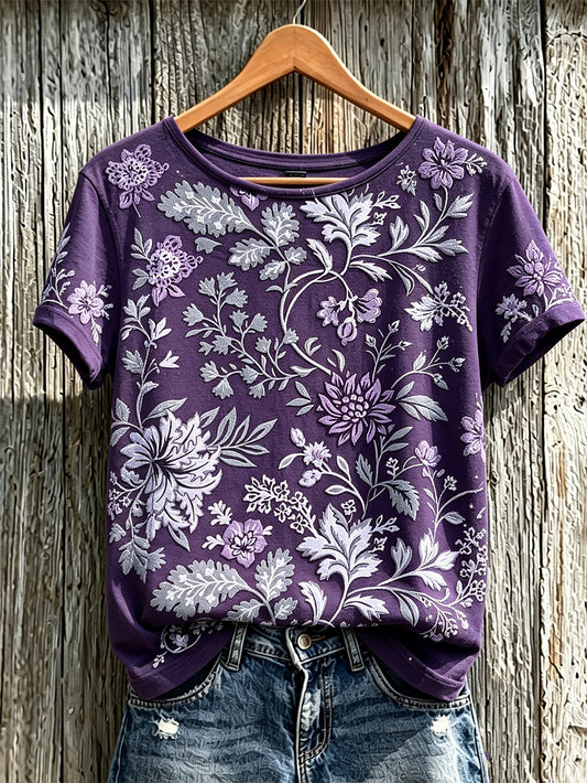 Women's Purple Plant Flower Pattern Printed Casual Short-Sleeved T-shirt