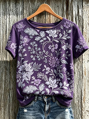 Women's Purple Plant Flower Pattern Printed Casual Short-Sleeved T-shirt