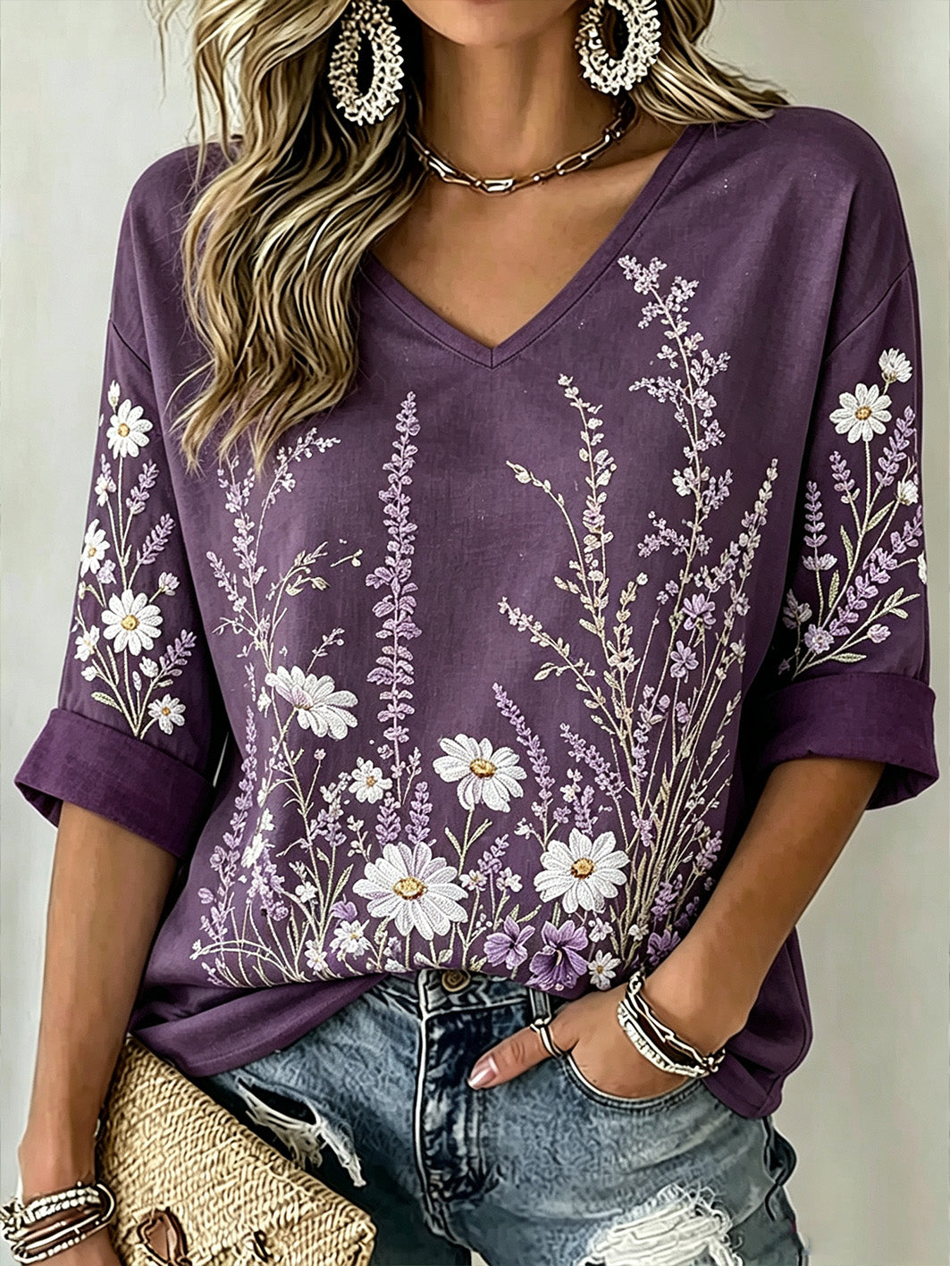 Women's Purple Plant Flower Pattern Printed Casual Mid-length Sleeves V-Neck T-Shirt