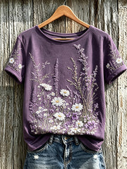 Women's Purple Plant Flower Pattern Printed Casual Short-Sleeved T-shirt