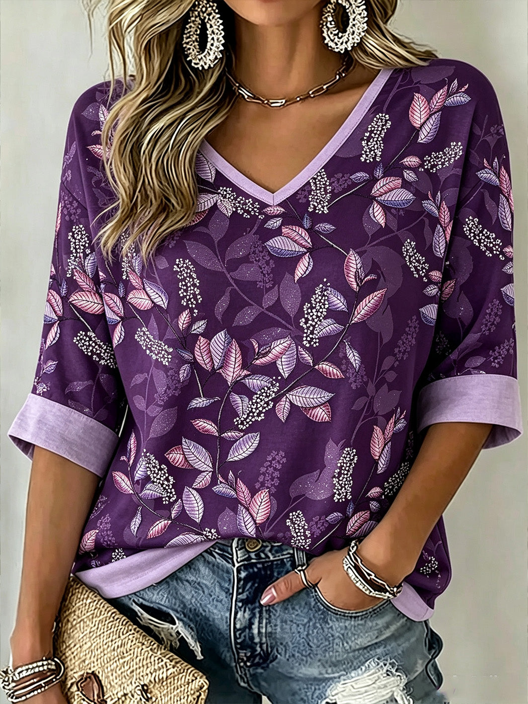 Women's Purple Plant Flower Pattern Printed Casual Mid-length Sleeves V-Neck T-Shirt