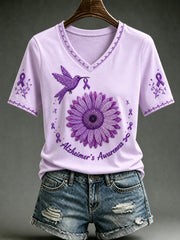 Women's Alzheimer's Awareness Support Purple Floral Purple Floral & Hummingbird Art Short Sleeve V-Neck Shirt