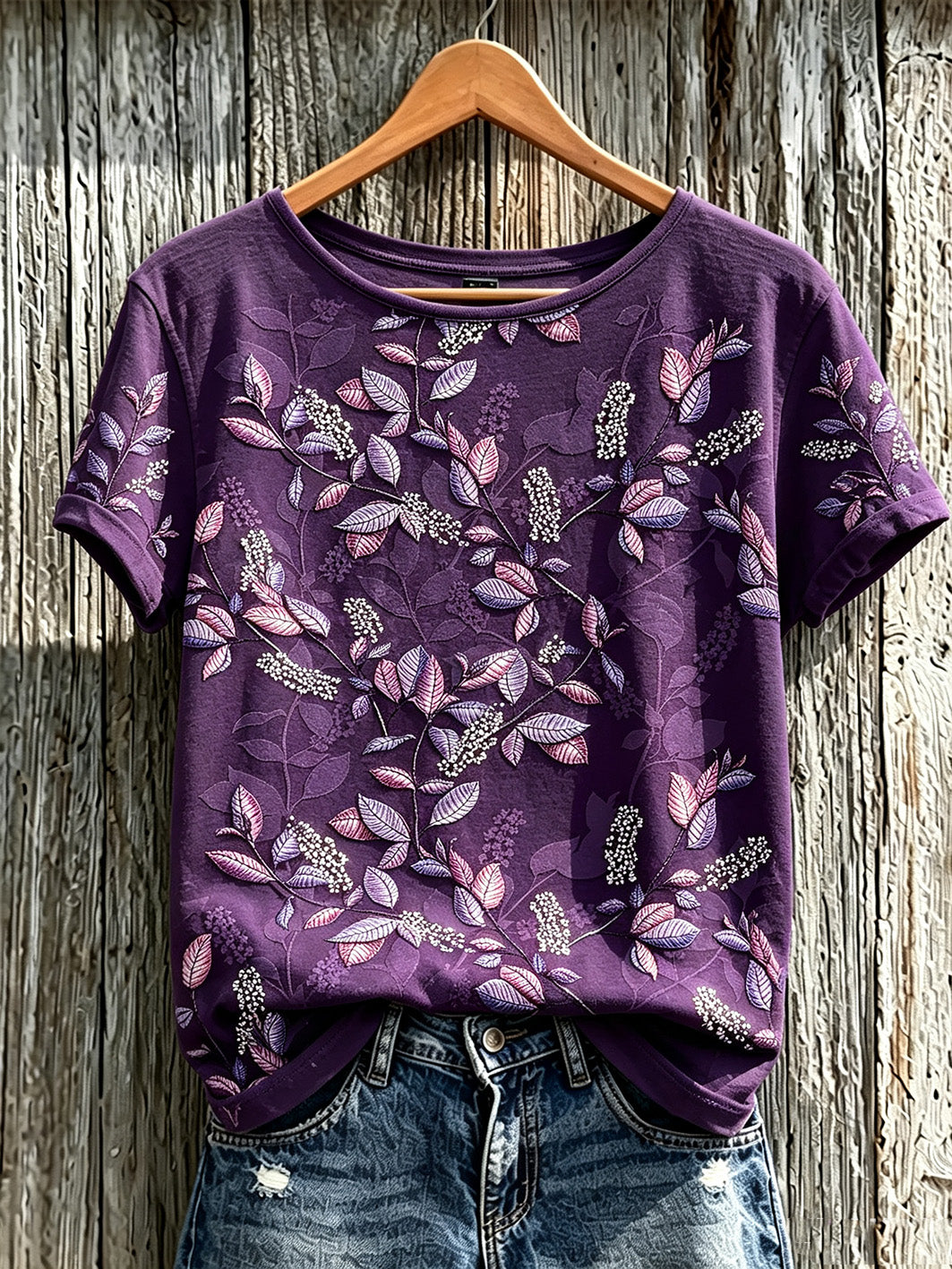 Women's Purple Plant Flower Pattern Printed Casual Short-Sleeved T-shirt