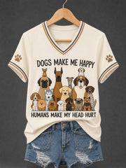 Women's Funny Dogs Make Me Happy Humans Make My Head Hurt Print Dog Lovers Gift Casual Tee