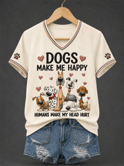 Women's Funny Dogs Make Me Happy Humans Make My Head Hurt Print Dog Lovers Gift Casual Tee